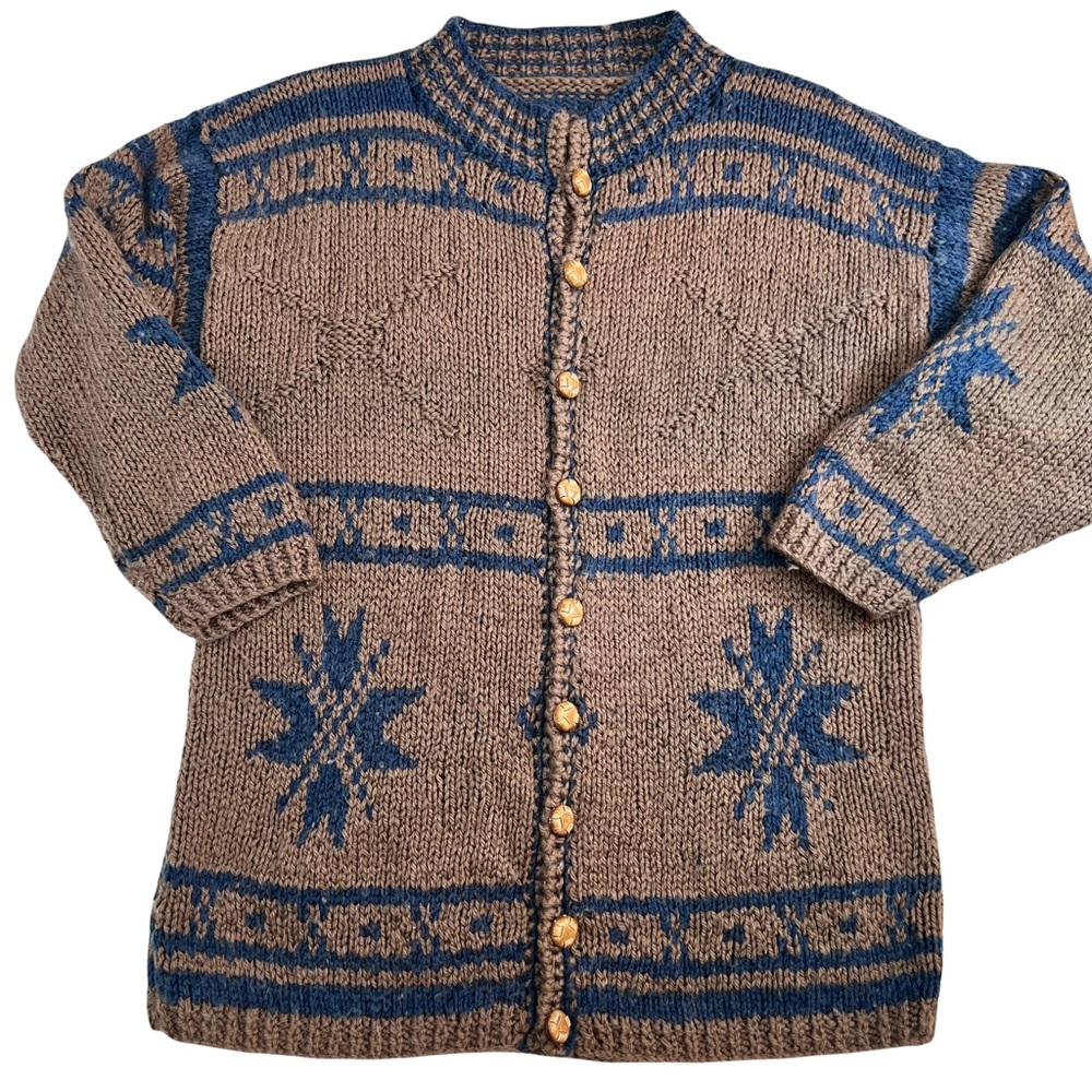 ♥️SOLD♥️RARE! Vintage Handmade Hand Knit Brown Wool Button Front Cardigan - Picture 1 of 7